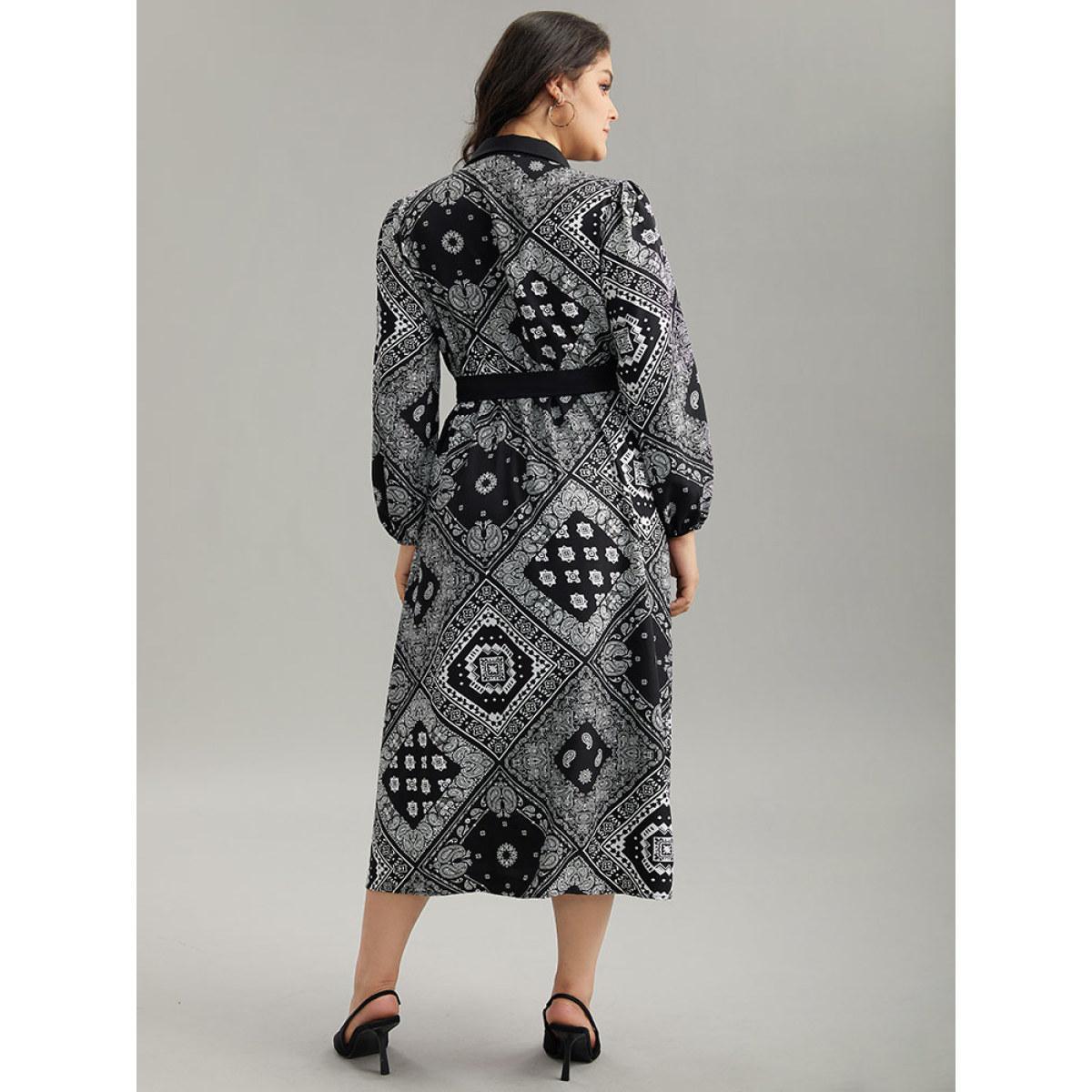Plus Size Moroccan Print Shirt Collar Belted Button Through Dress Black Women Office Elastic cuffs Shirt collar Long Sleeve Curvy Midi Dress BloomChic 18-20/2X Product Image