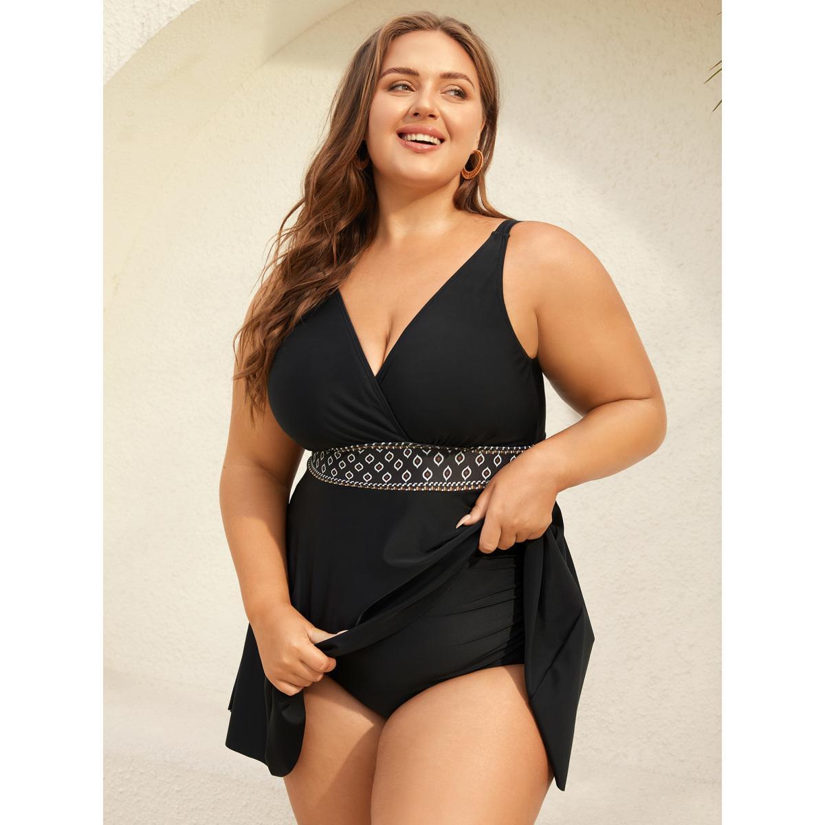 Plus Size Shell Embroidered Surplice Neck Swim Dress Women's Swimwear Black Beach Bodycon Overlap Collar High stretch Curve Swim Dresses BloomChic 22-24/3X Product Image