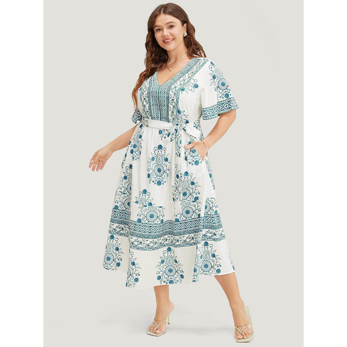 Plus Size Bandana Print Ruffle Sleeve Pocket Belted Midi Dress Cerulean Women Vacation Lined V-neck Short sleeve Curvy Midi Dress BloomChic 28/5X Product Image