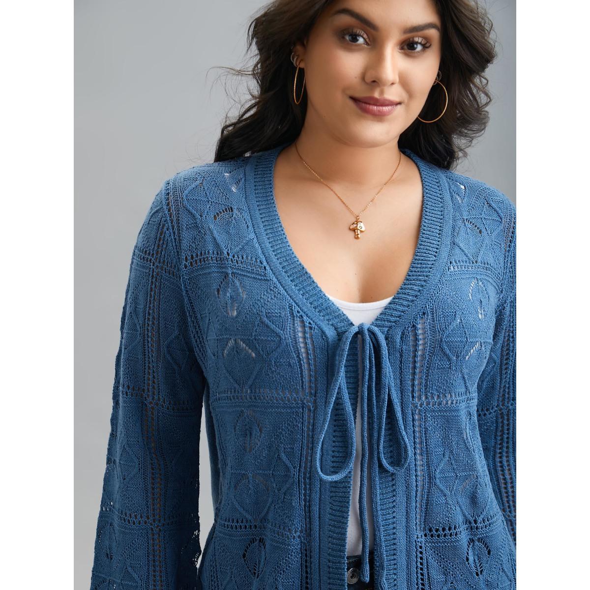 Plus Size Front-Tie Textured Eyelet Knit Cardigan Aegean Women Casual Loose Long Sleeve Everyday Cardigans BloomChic 18-20/2X Product Image