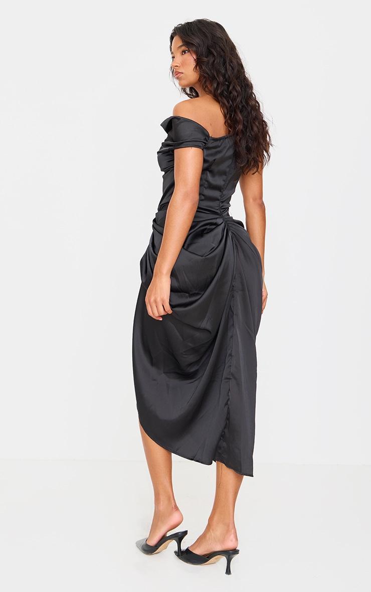 Black Satin Off The Shoulder Draped Skirt Midi Dress Product Image