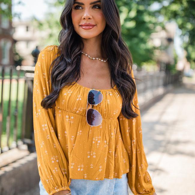 Follow You Anywhere Mustard Floral Babydoll Blouse FINAL SALE Product Image