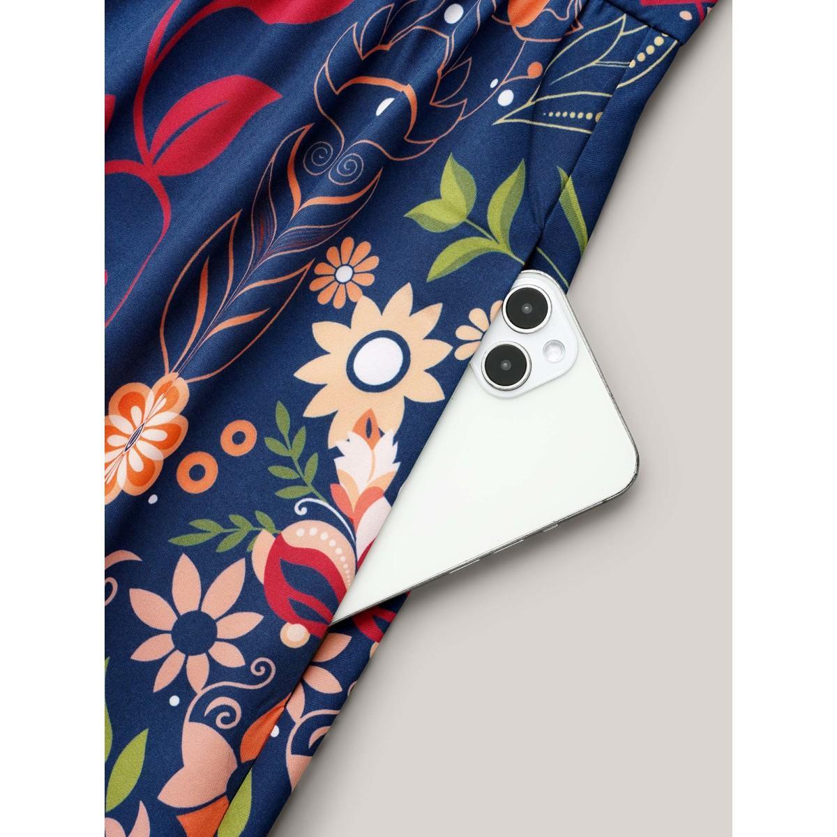 Plus Size Boho Print V-Neck Pockets Midi Dress DarkBlue Women Resort Non V-neck Elbow-length sleeve Curvy BloomChic 12/L Product Image