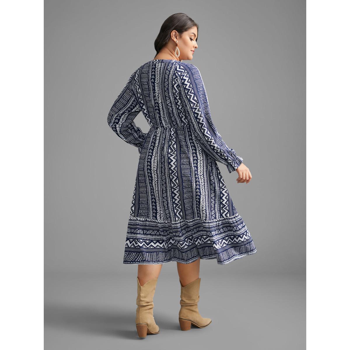 Plus Size Bandana Geometric Tassels Tie Knot Dress Indigo Women Resort Tie knot Flat collar with V-notch Long Sleeve Curvy BloomChic 28/5X Product Image