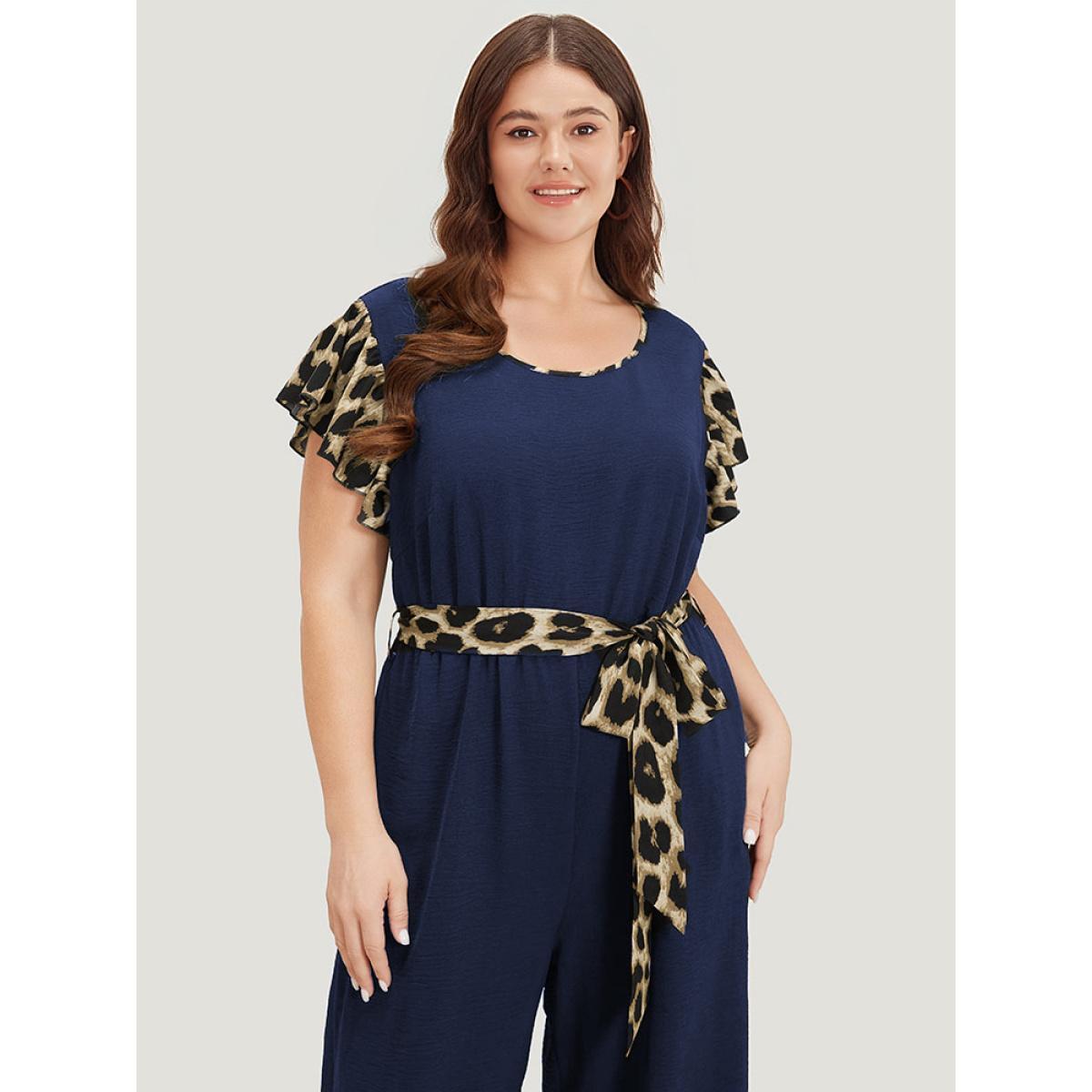 Plus Size DarkBlue Leopard Patchwork Pocket Belted Ruffle Sleeve Jumpsuit Women Office Sleeveless Round Neck Work Loose Jumpsuits BloomChic 26/4X Product Image