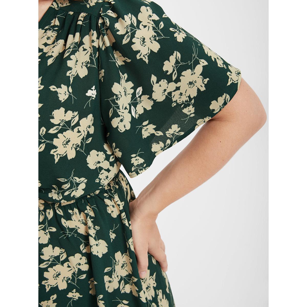 Plus Size Floral Belted Button Ruffled Wrap Knee Dress Green Women Elegant Printed V-neck Short sleeve Curvy Knee Dress BloomChic 26/4X Product Image