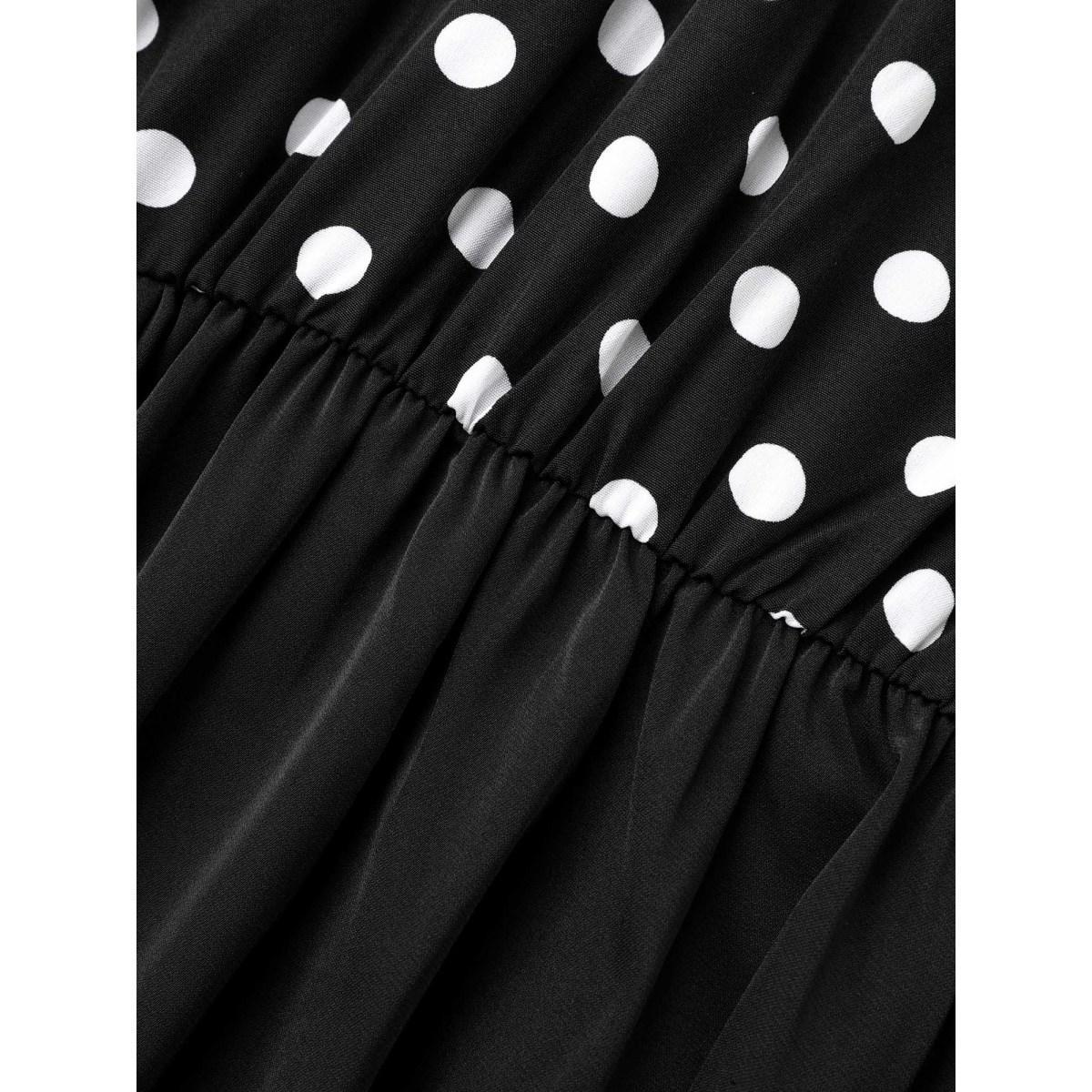 Plus Size Polka Dot Patchwork Keyhole Dress Black Women At the Office Patchwork Mock Neck Long Sleeve Curvy BloomChic 14-16/1X Product Image