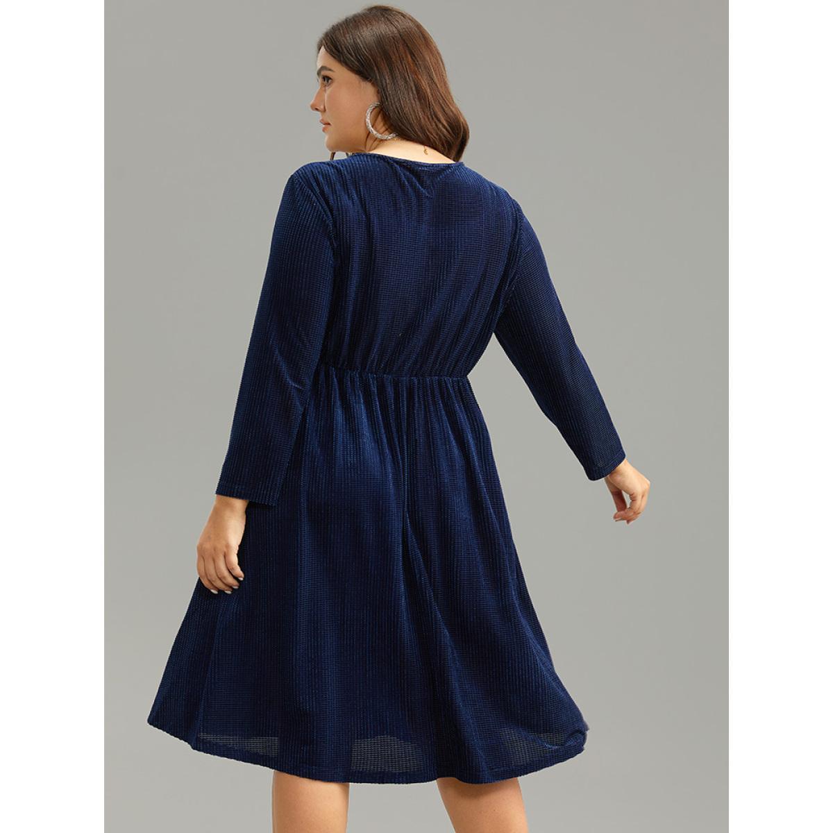 Plus Size Plain Textured Velvet Ruffle Hem Dress Indigo Women Glamour Texture Overlap Collar Long Sleeve Curvy Midi Dress BloomChic 12/L Product Image