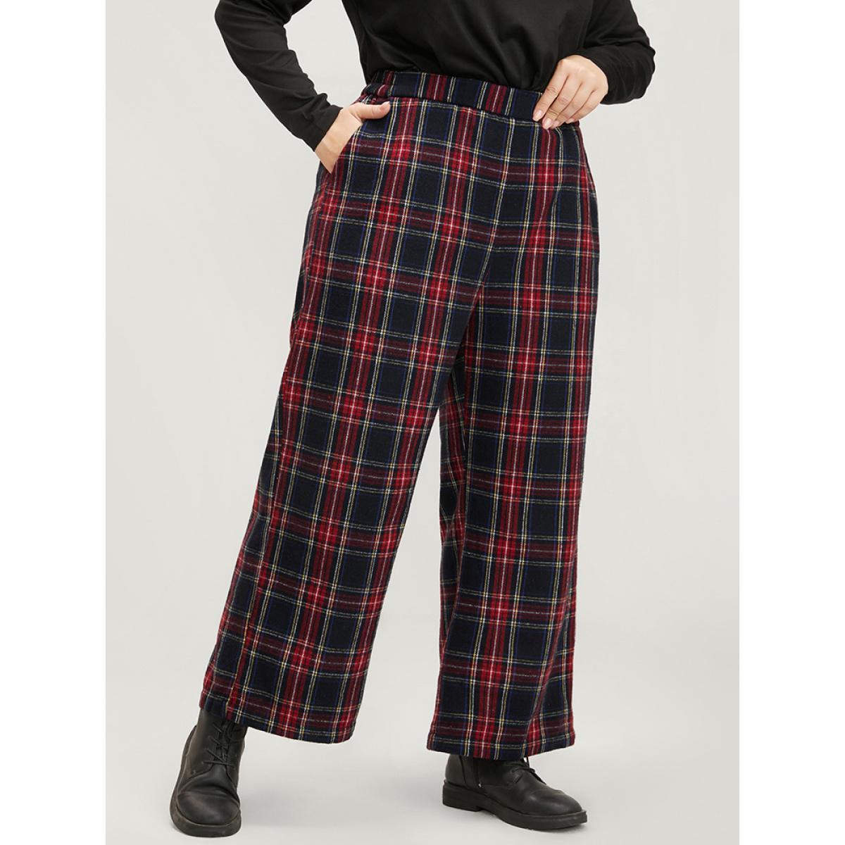 Plus Size Plaid Elastic Waist Pocket High Rise Pants Women Black Elegant High Rise Dailywear Pants BloomChic 26/4X Product Image