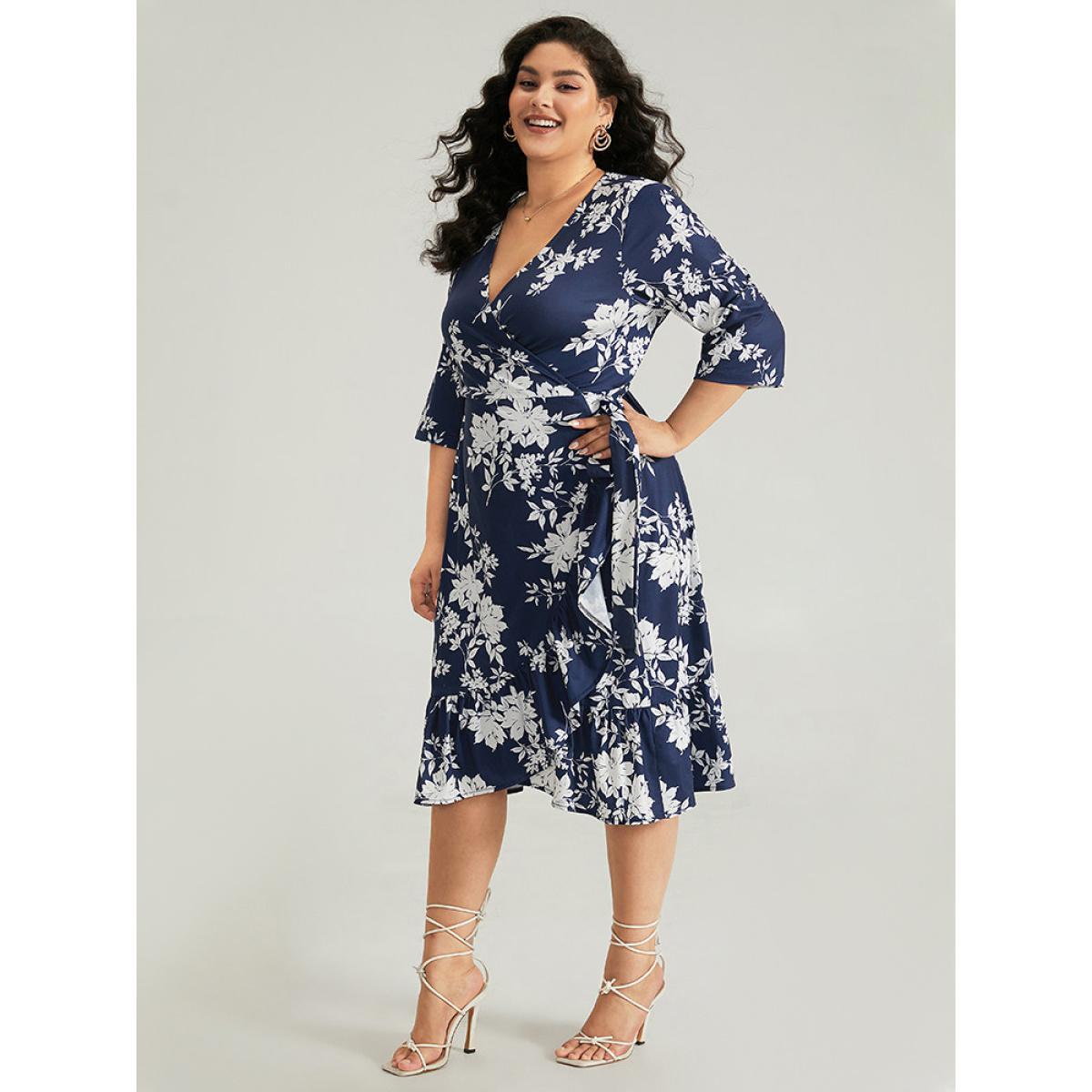 Plus Size Silhouette Floral Print Ties Wrap Dress Indigo Women Elegant Cross straps V-neck Elbow-length sleeve Curvy Midi Dress BloomChic 10/M Product Image