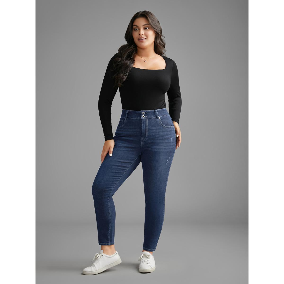 Plus Size Dark Wash Button Up Skinny Jeans Women Denimblue Casual Button Medium stretch Slanted pocket Jeans BloomChic 16/1X Product Image