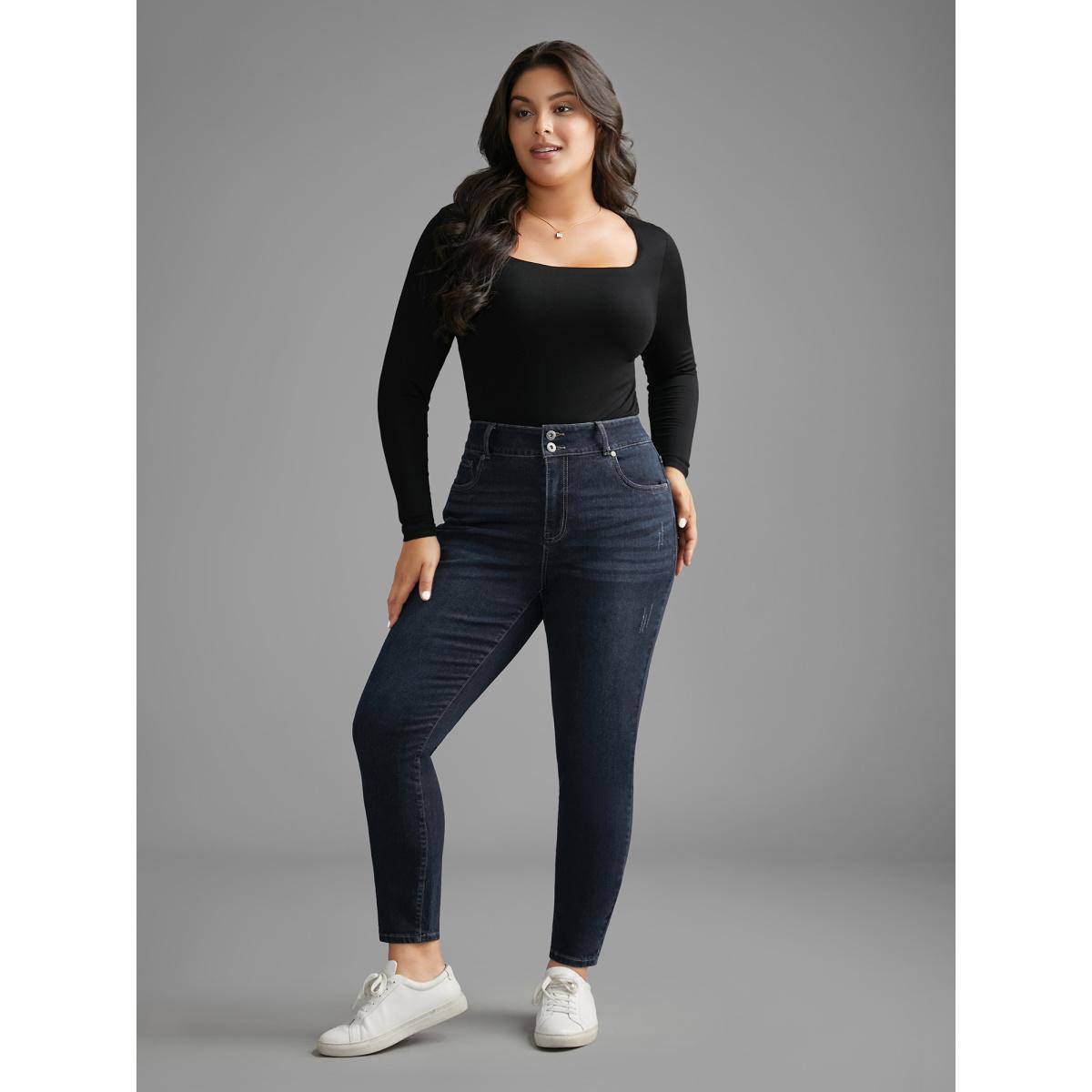 Plus Size Dark Wash Button Up Skinny Jeans Women Darkindigo Casual Button Medium stretch Slanted pocket Jeans BloomChic 14/1X Product Image