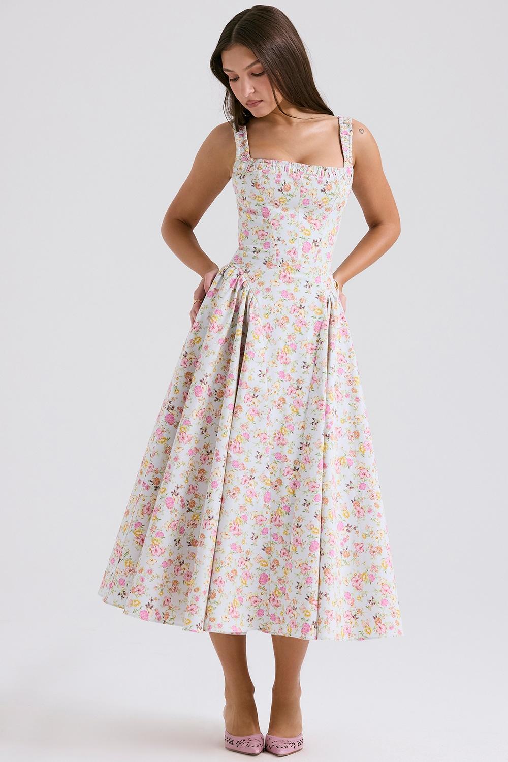 Dorothy Pale Blue Meadow Print Cotton Midi Sundress Product Image