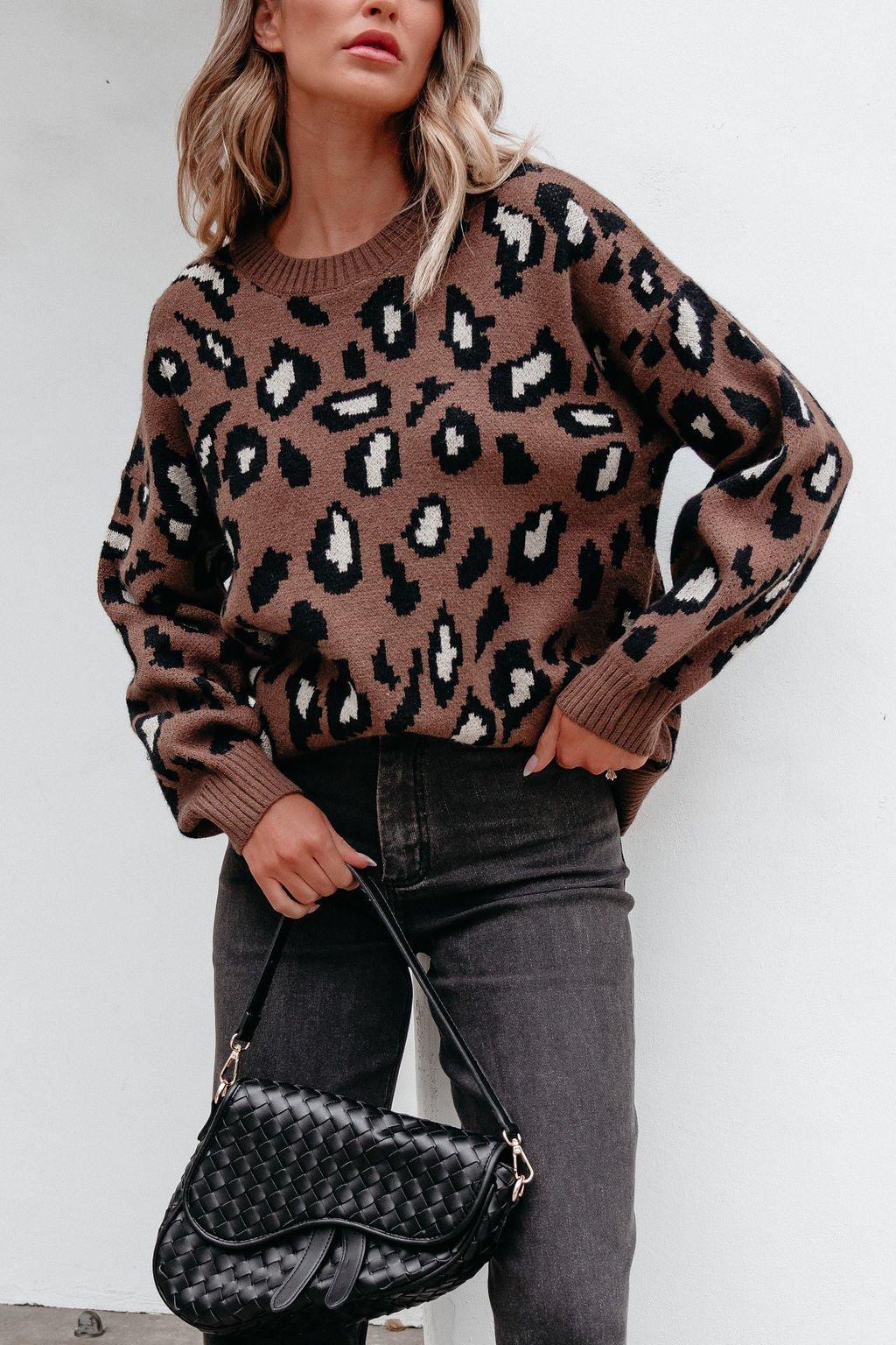 Brown Leopard Print Ribbed Sweater-FINAL SALE Product Image