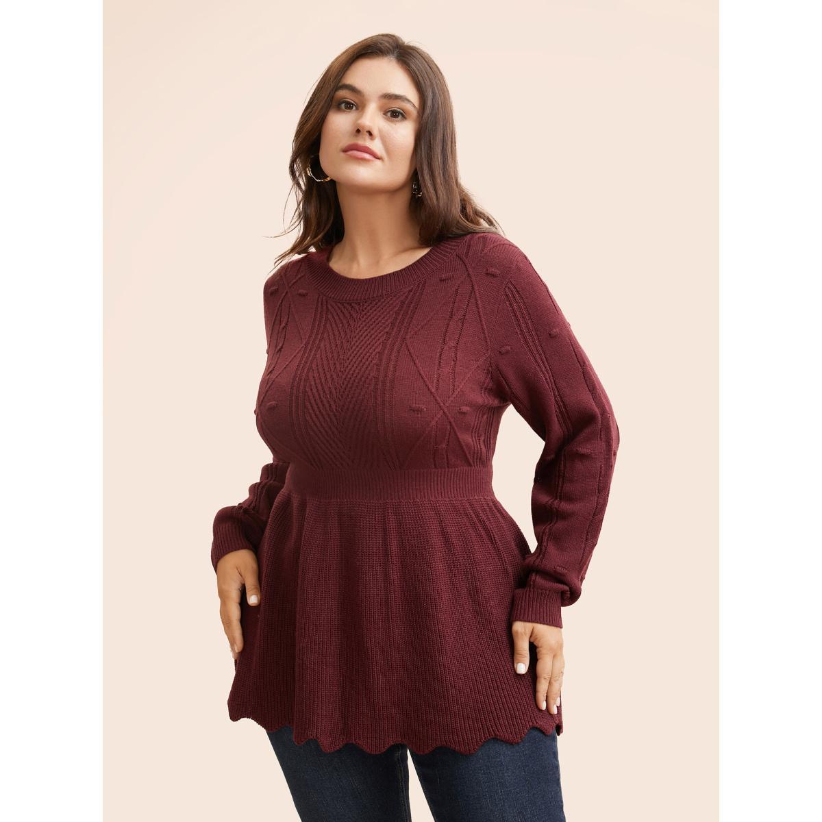 Plus Size Plain Textured Scalloped Trim Pullover Deepred Women Casual Bodycon Long Sleeve Round Neck Everyday Pullovers BloomChic 28/5X Product Image