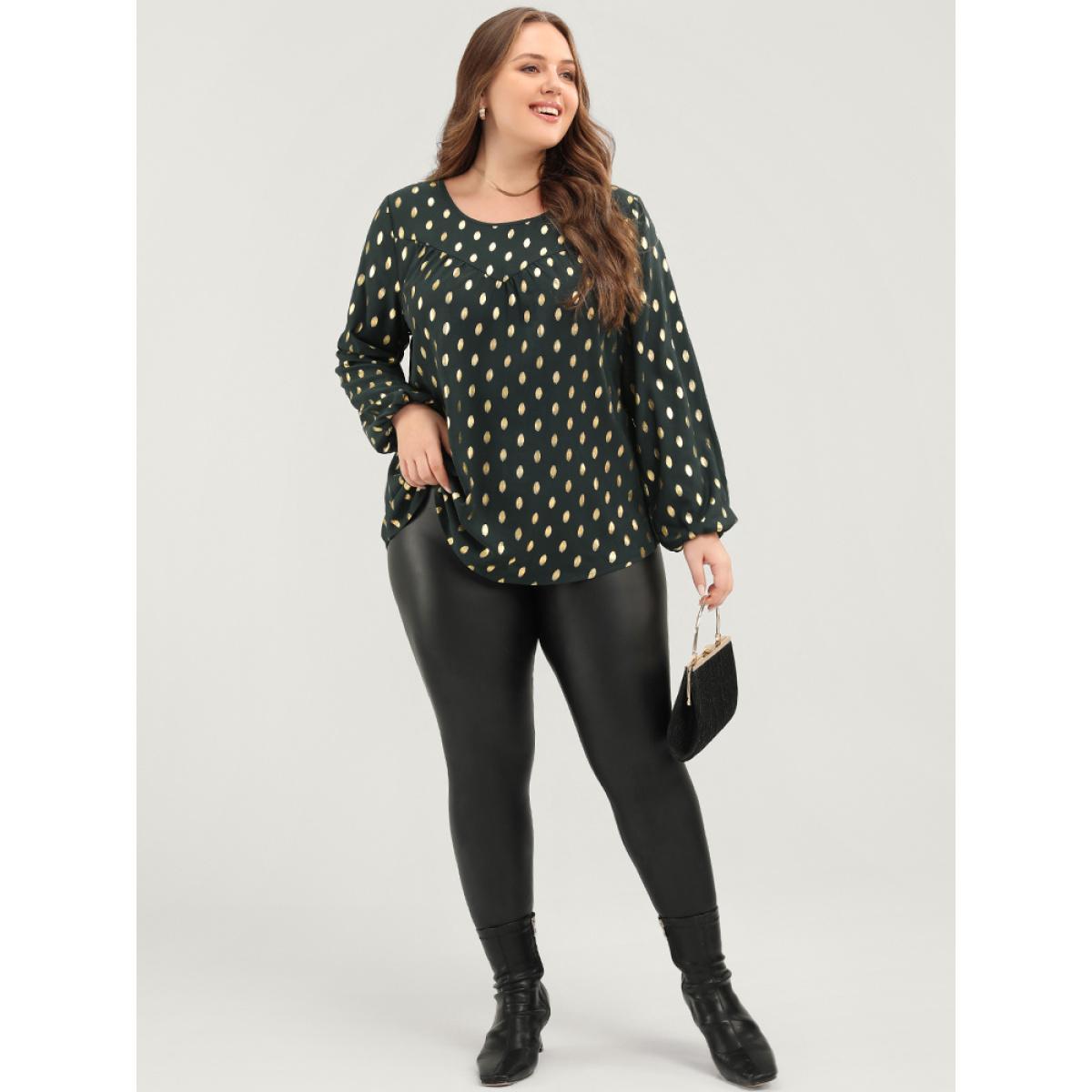 Plus Size DarkGreen Polka Dot Round Neck Lantern Sleeve Blouse Women Party Long Sleeve Round Neck Going out Blouses BloomChic 10/M Product Image