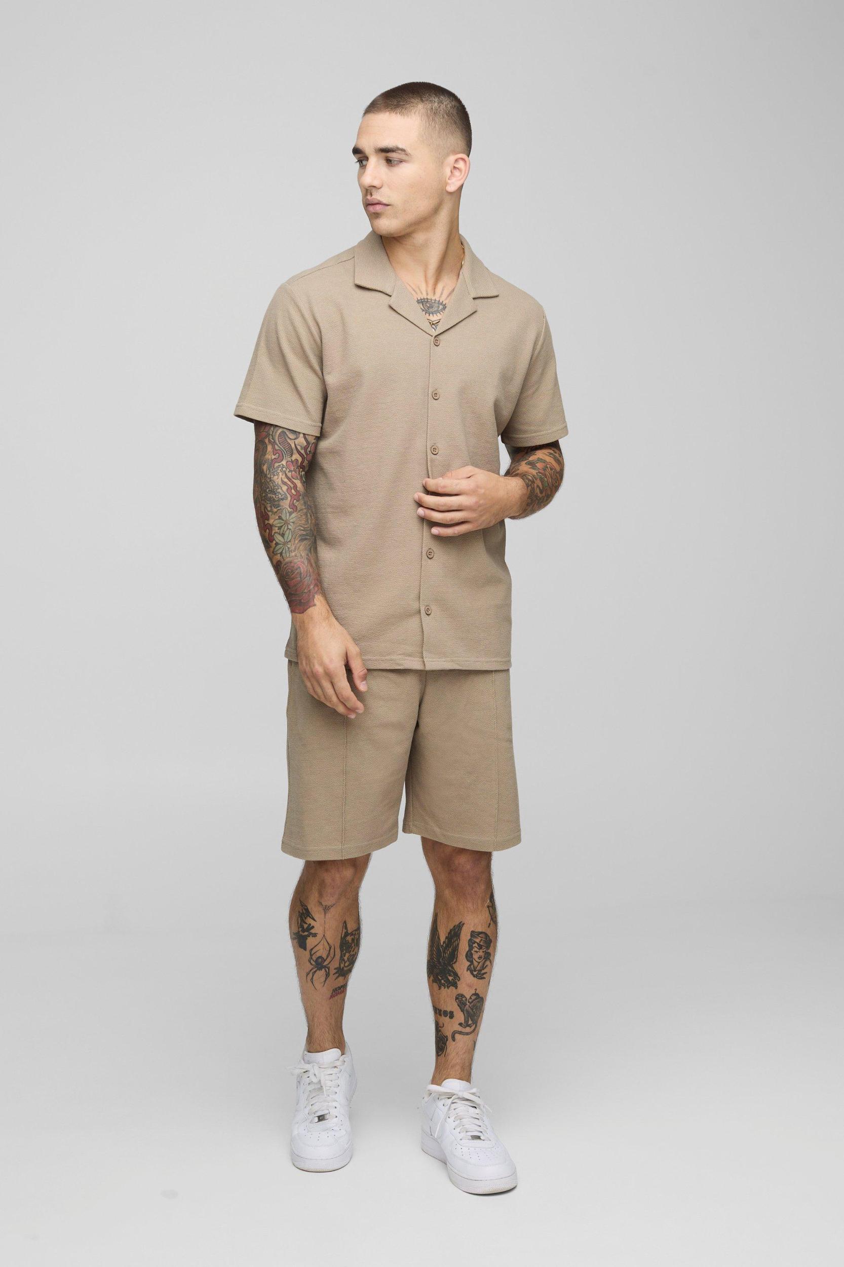 Pique Regular Short Sleeve Revere Shirt & Short Set | boohooMAN USA Product Image