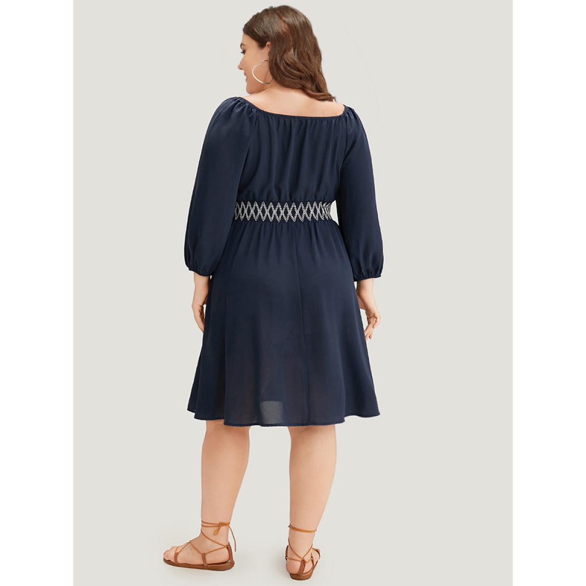 Plus Size Bandana Shirred Square Neck Lantern Sleeve Dress DarkBlue Women Vacation Elastic cuffs Square Neck Long Sleeve Curvy Midi Dress BloomChic 14-16/1X Product Image