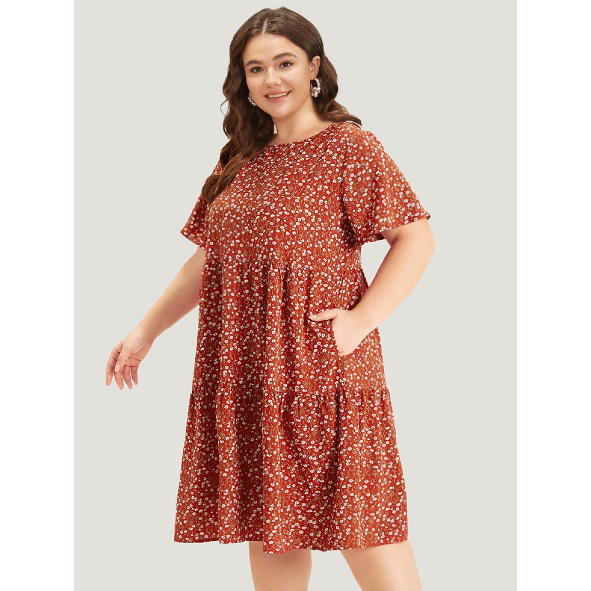 Plus Size Ditsy Floral Pocket Layered Patchwork Crew Neck Dress Russet Women Elegant Printed Round Neck Short sleeve Curvy Midi Dress BloomChic 28/5X Product Image