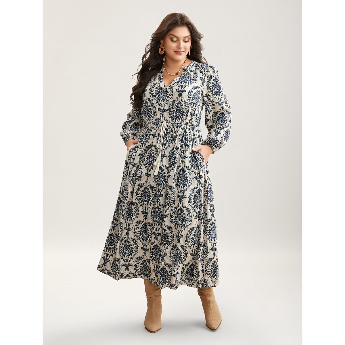 Plus Size Boho Print Notched Tie Knot Maxi Dress DarkBlue Women Resort Tie knot Flat collar with V-notch Long Sleeve Curvy BloomChic 14-16/1X Product Image