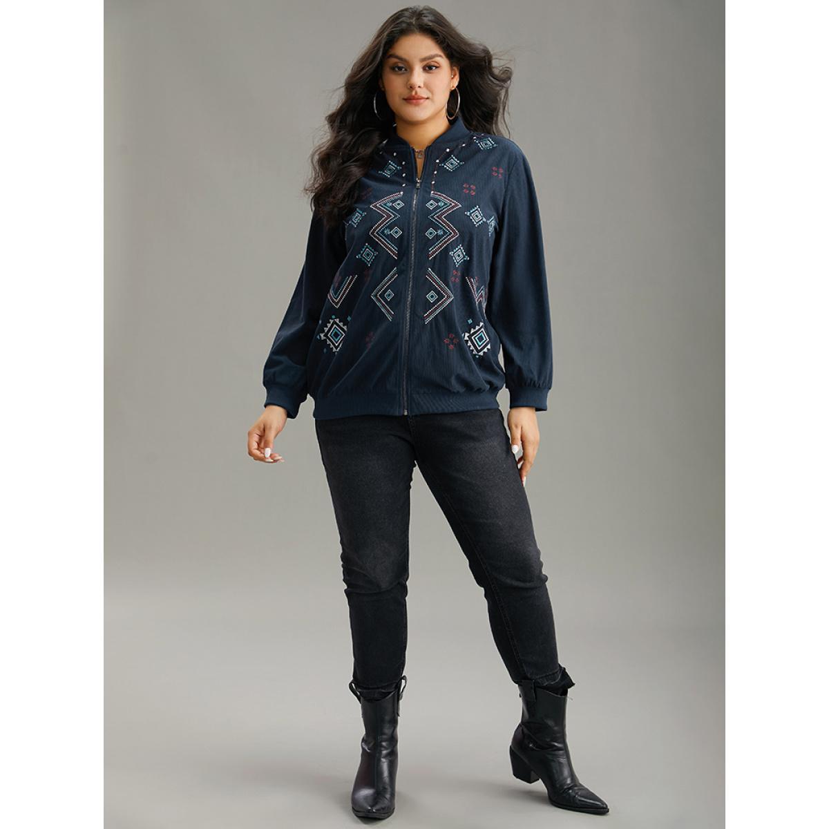 Plus Size Corduroy Geo Embroidered Zipper Fly Jacket Women Indigo Elastic cuffs Dailywear Jackets BloomChic 26/4X Product Image