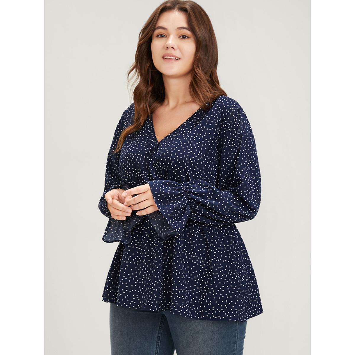 Plus Size DarkBlue Polka Dot Button Lantern Sleeve Ruffles Hem Wrap Blouse Women Elegant Long Sleeve V-neck Dailywear Blouses BloomChic 30/6X Product Image