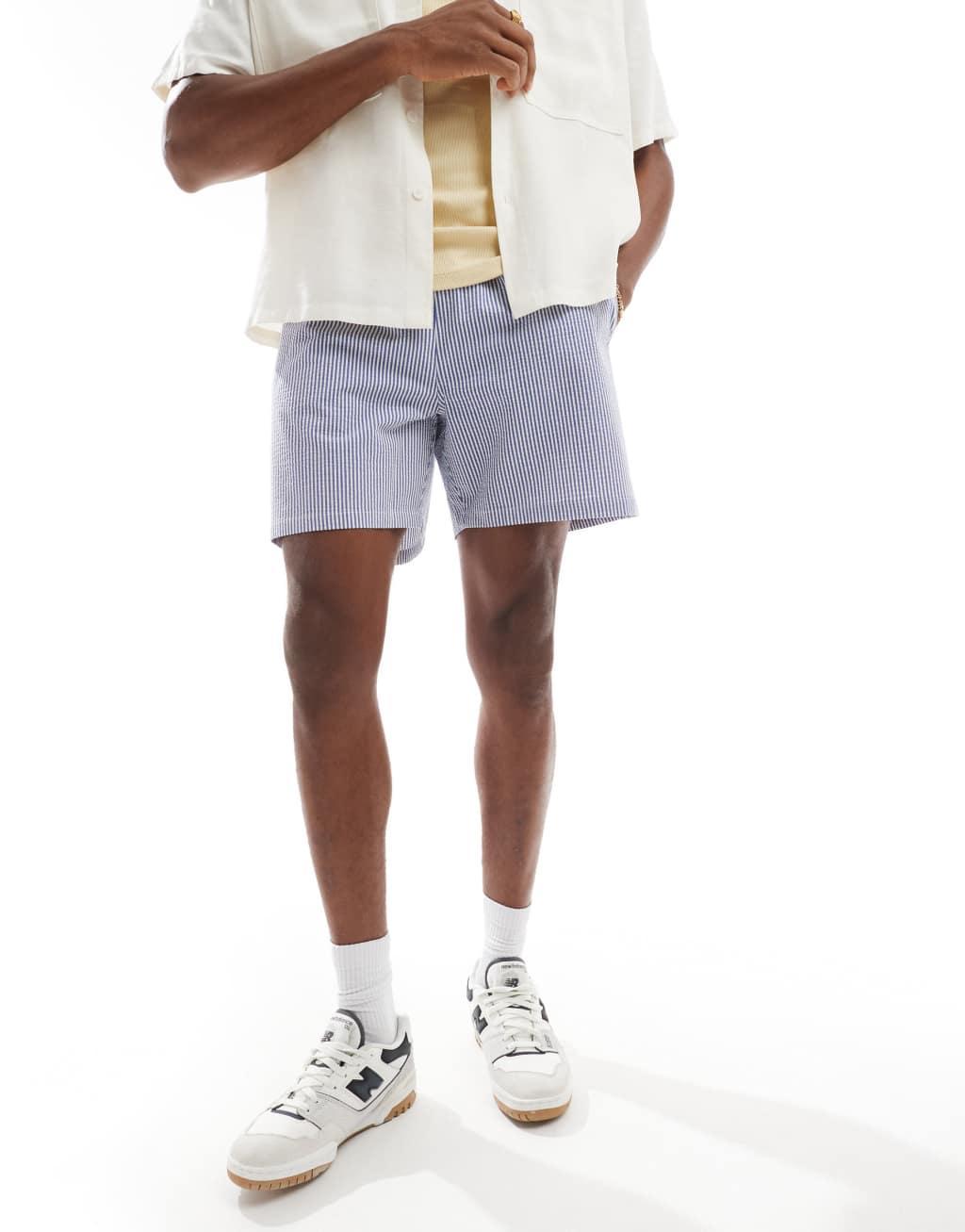 Polo Ralph Lauren Traveler icon logo seersucker stripe swim shorts in blue Product Image