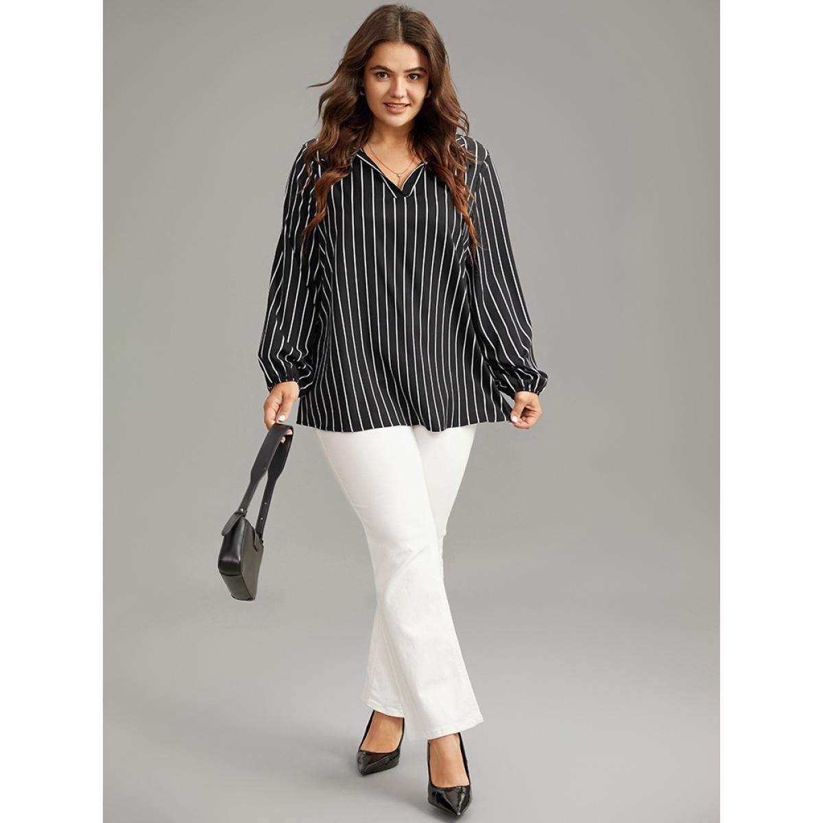 Plus Size Black Striped Shirt Collar Lantern Sleeve Blouse Women Office Long Sleeve Shirt collar Work Blouses BloomChic 28/5X Product Image