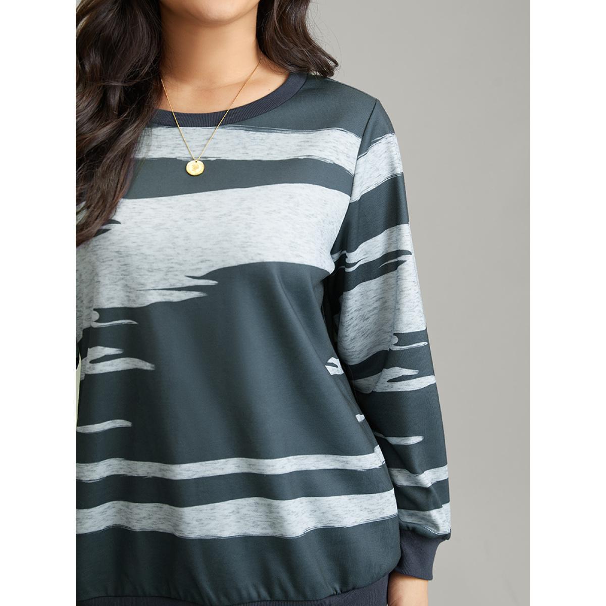 Plus Size Brush Print Rib Knit Contrast Sweatshirt Women Multicolor Casual Rib Knit Round Neck Dailywear Sweatshirts BloomChic 14-16/1X Product Image