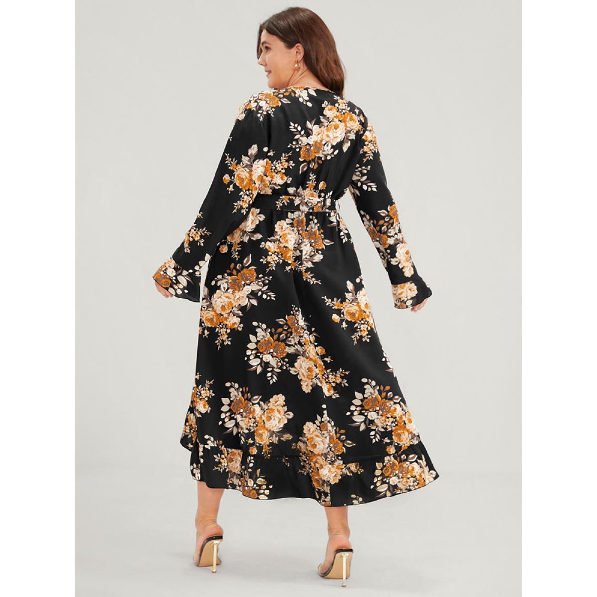 Plus Size Floral Pocket Belted Ruffles High Low Hem Wrap Midi Dress Black Women Elegant Elastic Waist V-neck Long Sleeve Curvy Midi Dress BloomChic 22-24/3X Product Image