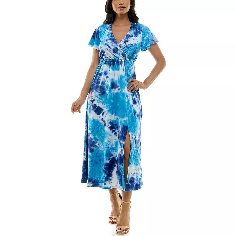 Women's Nina Leonard Tie Dye Print Flutter Sleeve V-Neck Maxi Dress, Size: Small, Grey Team Product Image