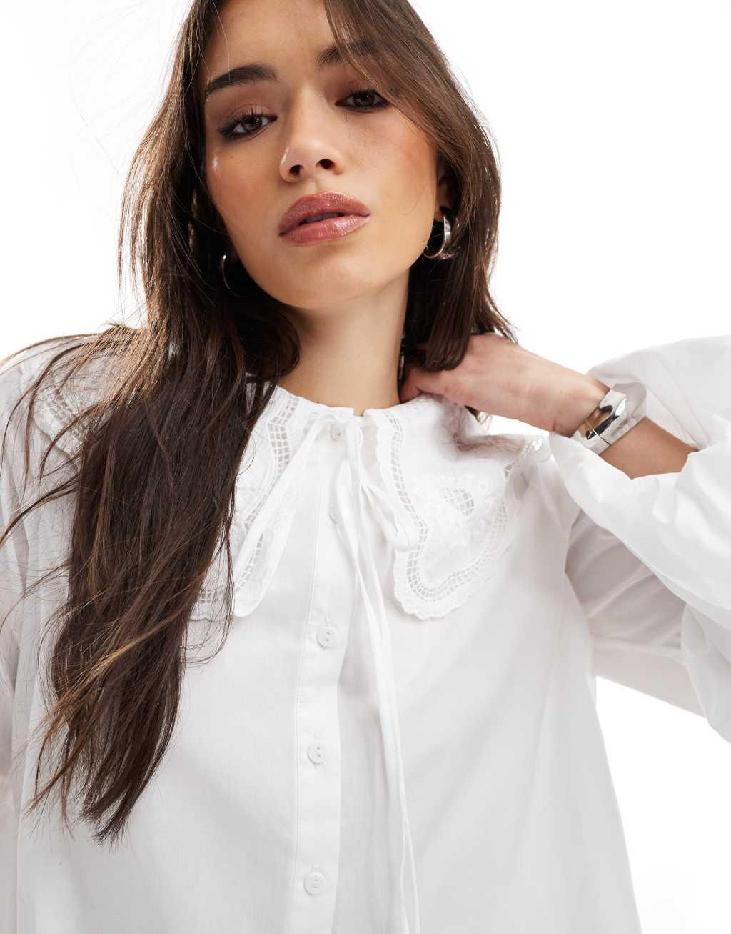 Miss Selfridge Wide collar lace trim poplin oversized shirt Product Image