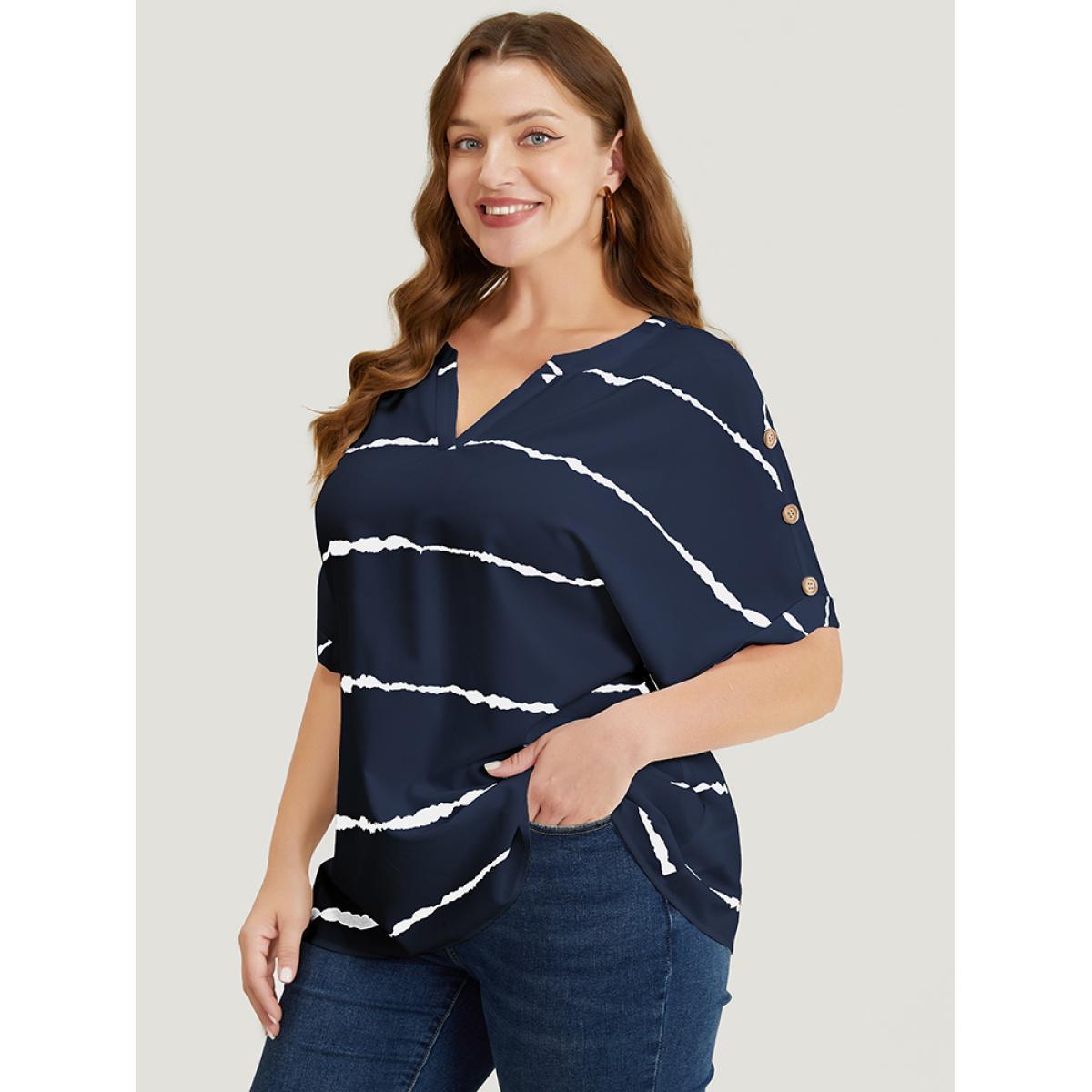 Plus Size Indigo Tie Dye Notched Button Detail Roll Dolman Sleeve Striped Blouse Women Work From Home Short sleeve Notched collar Work Blouses BloomChic 12/L Product Image