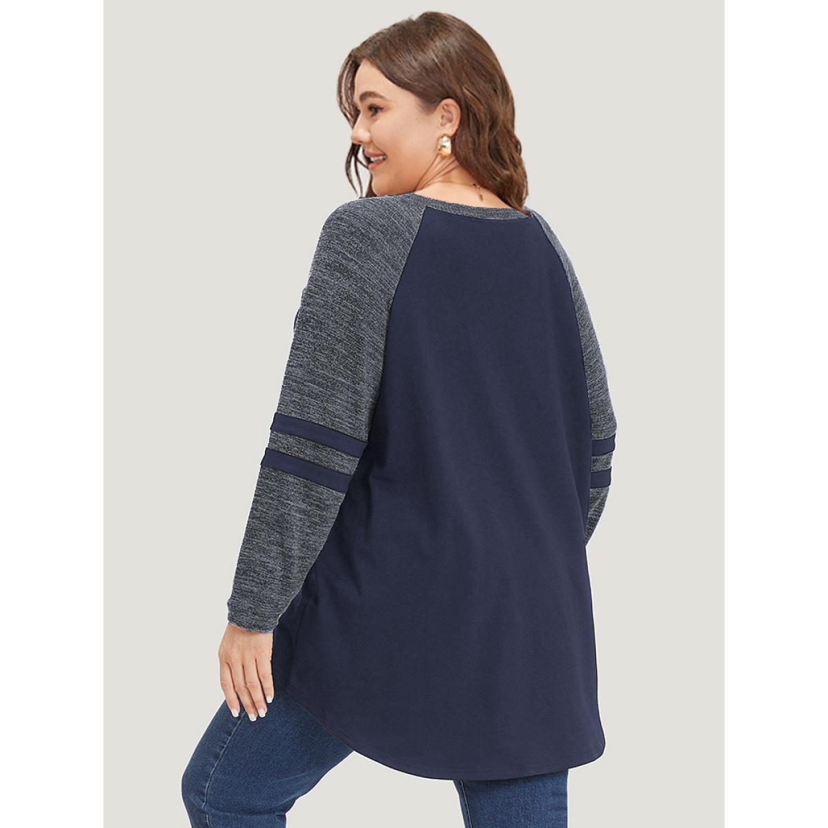 Plus Size Striped Contrast Pocket Raglan Sleeve High Low Hem Sweatshirt Women Indigo Casual Contrast Round Neck Everyday Sweatshirts BloomChic 22-24/3X Product Image