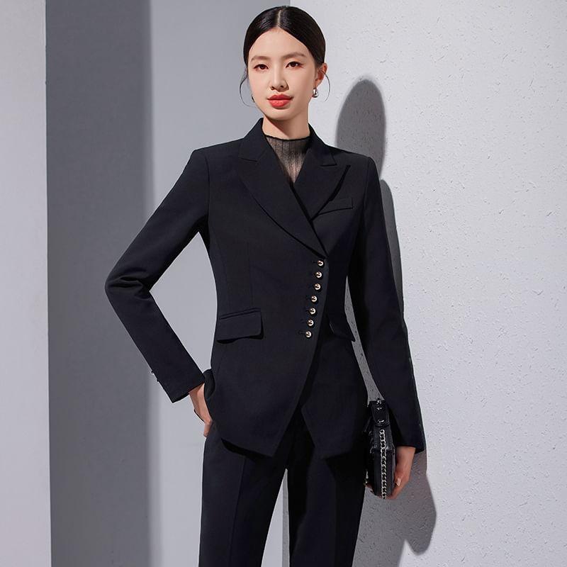 Peak Lapel Plain Asymmetrical Button-Up Blazer / Mid Rise Flared Dress Pants Product Image