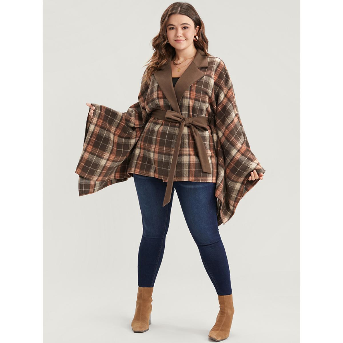 Plus Size Plaid Contrast Suit Collar Dolman Sleeve Belted Coat Women DarkBrown Elegant Belted Loose Ladies Dailywear Winter Coats BloomChic 10/M Product Image