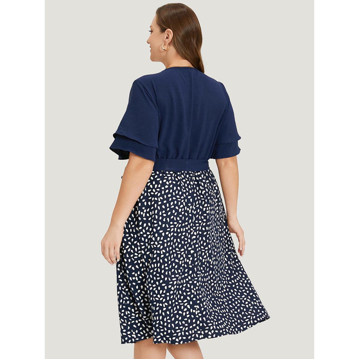 Plus Size Water Drop Print Patchwork Ruffle Zipper Belted Dress Navy Women Office Plain V-neck Short sleeve Curvy Midi Dress BloomChic 26/4X Product Image