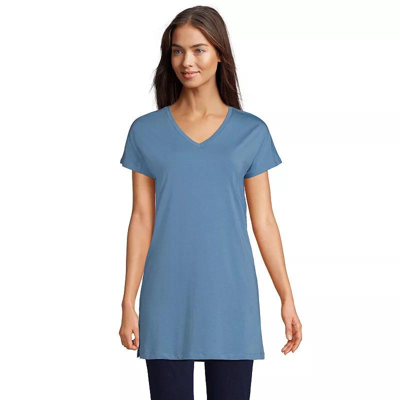 Womens Lands' End Jersey Extra Long V-Neck Tunic, Women's, Size: Medium, Pale Grey Blue Product Image