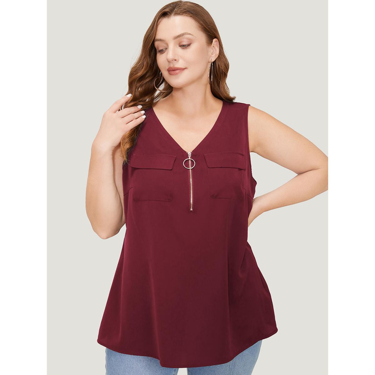 Plus Size Solid Half Zipper Flap Detail Tank Top Women Burgundy Casual Zipper V-neck Dailywear Tank Tops Camis BloomChic 22-24/3X Product Image