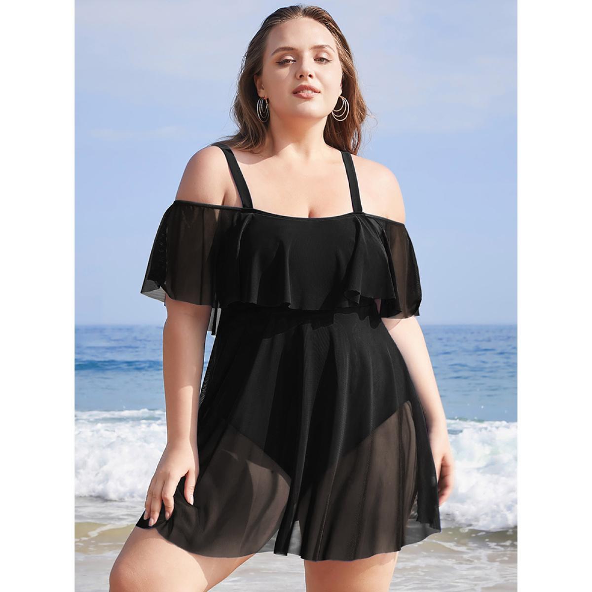 Plus Size Solid Mesh Ruffles Cold Shoulder Sculpt Waist Swim Dress Women's Swimwear Black Vacation Bodycon Cold Shoulder High stretch Curve Swim Dresses BloomChic 30/6X Product Image