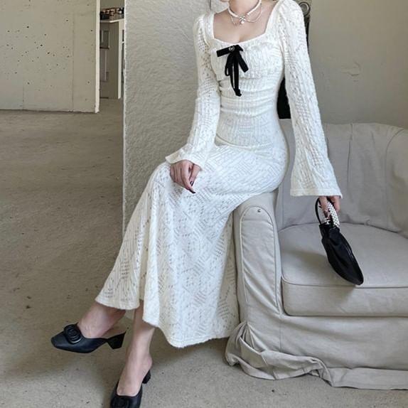 Flared-Cuff Square-Neck Bow Midi A-Line Lace Dress (Various Designs) Product Image