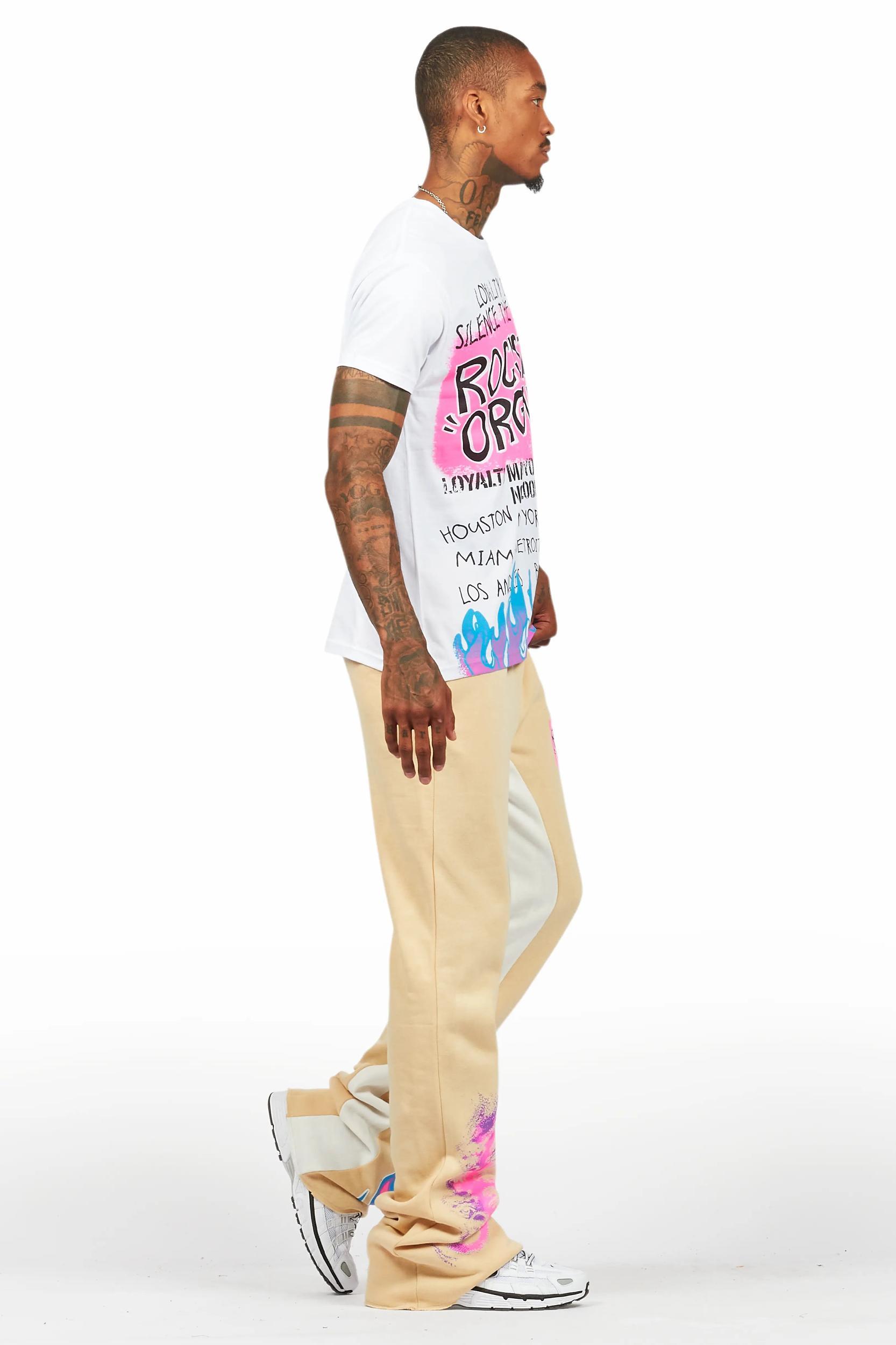 Beno White/Beige T-Shirt/Baggy Stacked Pant Set Male Product Image
