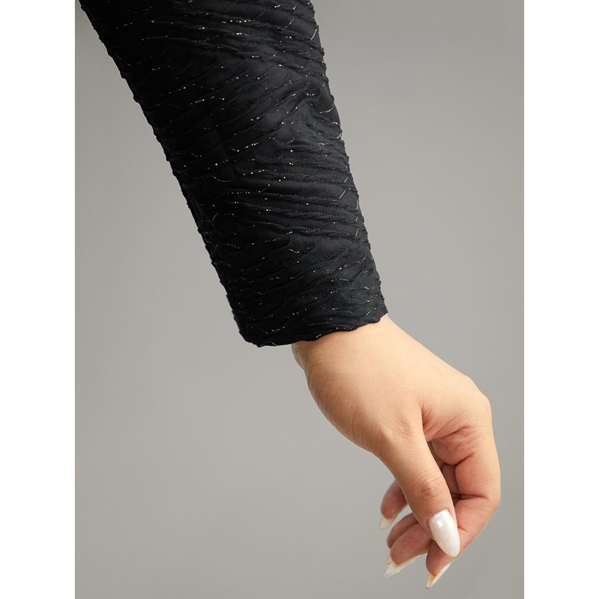 Plus Size Plisse Solid Notched Long Sleeve T-shirt Black Women Casual Texture Plain Notched collar Dailywear T-shirts BloomChic 22-24/3X Product Image