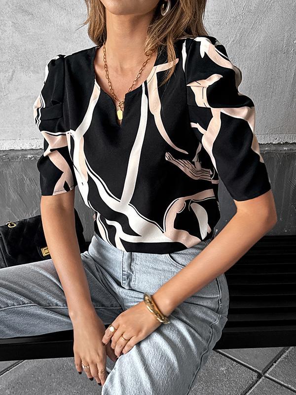Half Sleeves Loose Contrast Color Pleated V-Neck Blouses&Shirts Tops Product Image