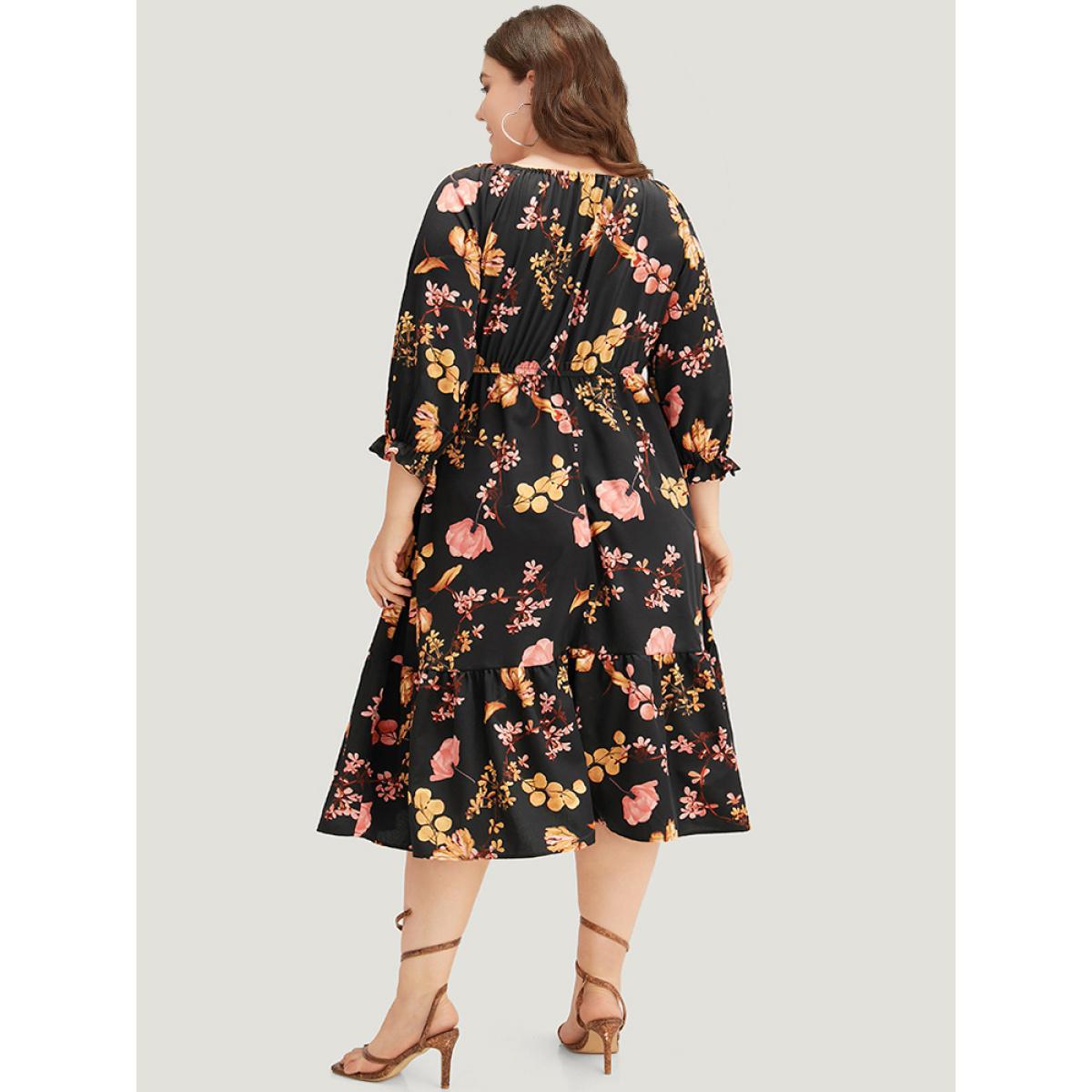 Plus Size Floral Print Bowknot Flutter Trim Tiered Dress Black Women Elegant Gathered Square Neck Elbow-length sleeve Curvy Midi Dress BloomChic 30/6X Product Image