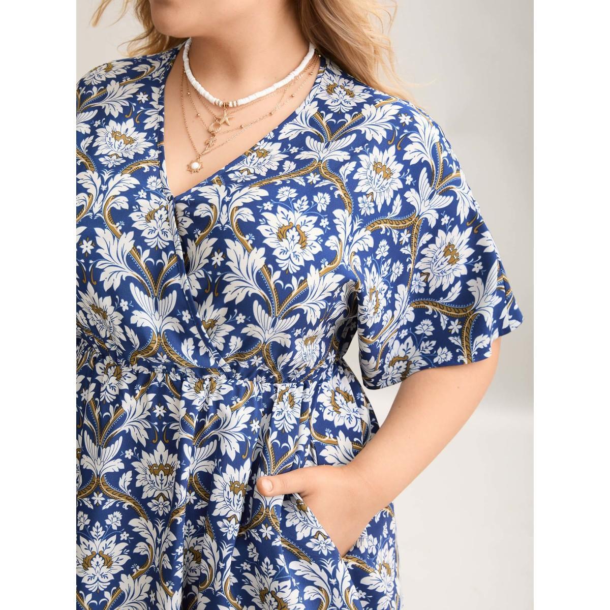 Plus Size Boho Print Shirred Surplice Neck Midi Dress DarkBlue Women Resort Non Overlap Collar Half Sleeve Curvy BloomChic 14-16/1X Product Image