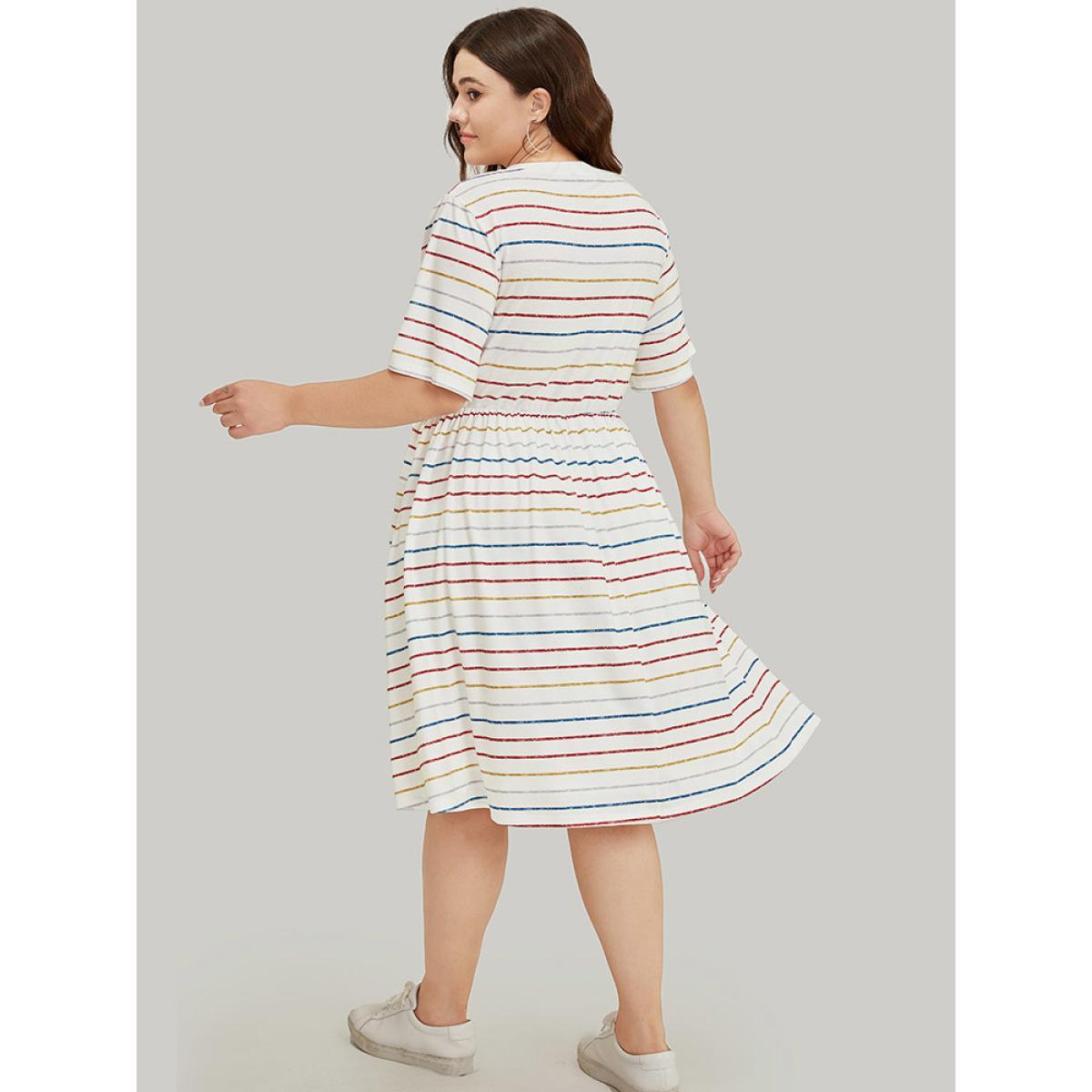 Plus Size Rainbow Striped V Neck Pocket Contrast Midi Dress Multicolor Women Casual Lined V-neck Short sleeve Curvy Midi Dress BloomChic 28/5X Product Image