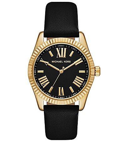 Michael Kors Womens Lexington Three-Hand Black Leather Strap Watch Product Image