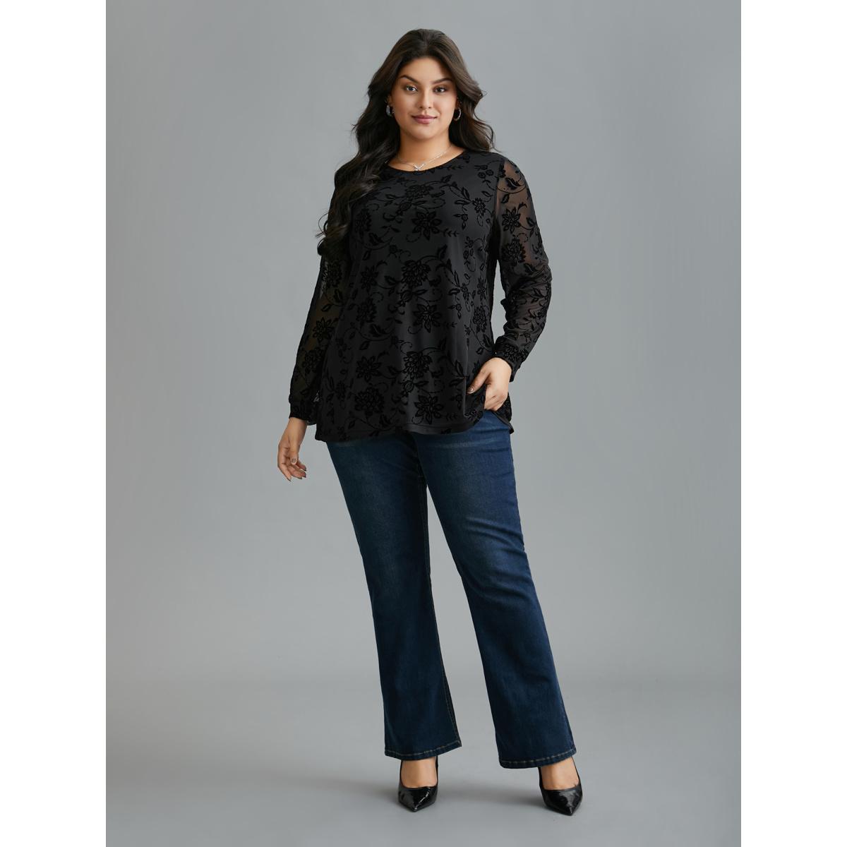 Plus Size Black Floral Flocking Sheer Sleeve Lined Knit Top Women Elegant Long Sleeve Round Neck Everyday Blouses BloomChic 28/5X Product Image