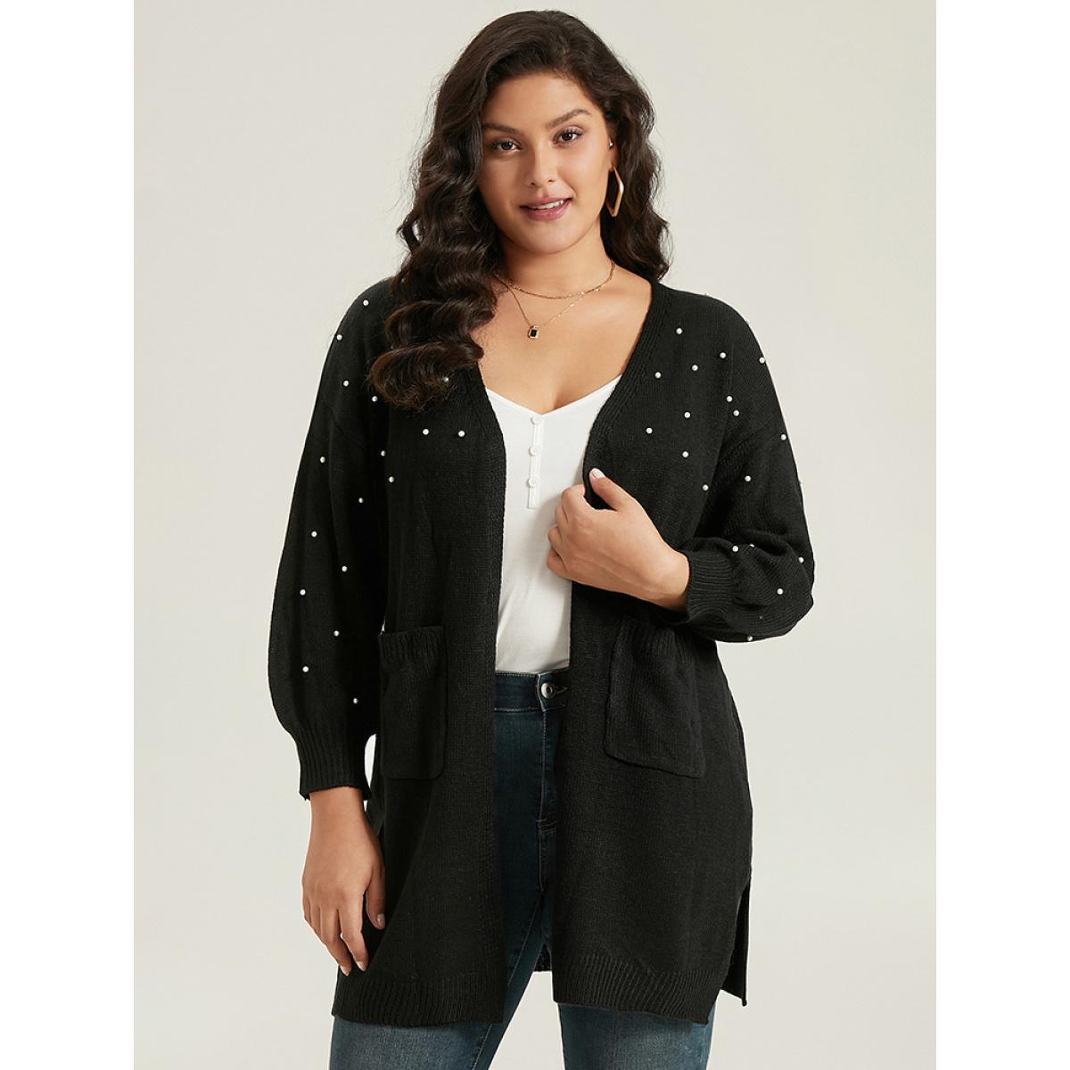 Plus Size Beaded Split Side Patched Pocket Cardigan Black Women Casual Loose Long Sleeve Everyday Cardigans BloomChic 14-16/1X Product Image